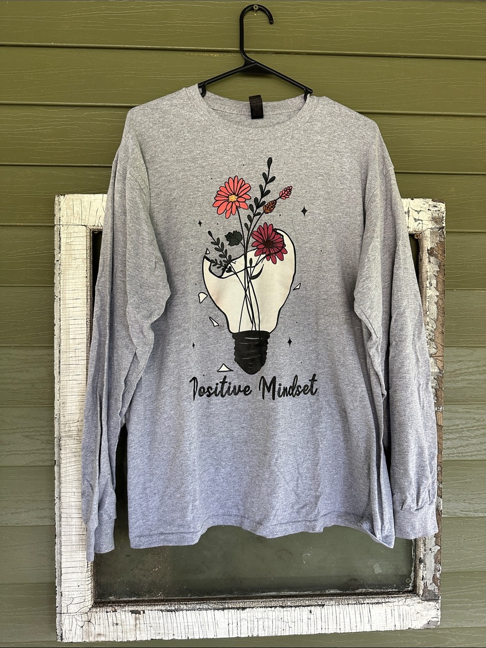 Gildan Gray Long Sleeve Tee with Floral Lightbulb Graphic